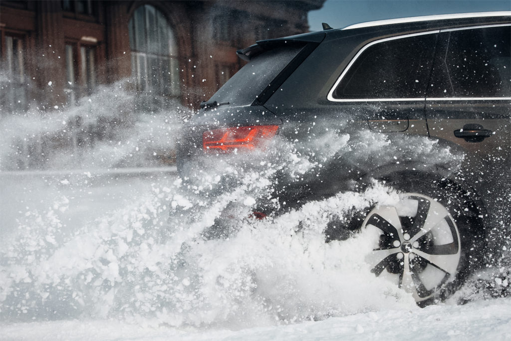 Rear-wheel drive vehicle in snow.